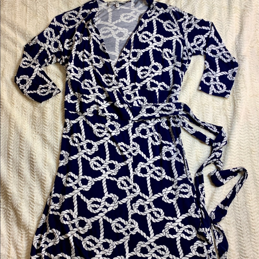 3/4 Sleeve Navy + White Sade New York Wrap Dress